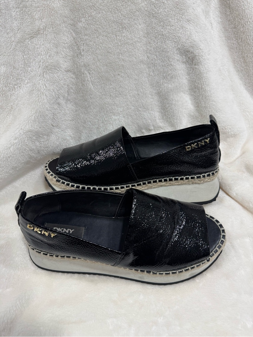 DKNY Black Patent Leather Platform Espadrilles